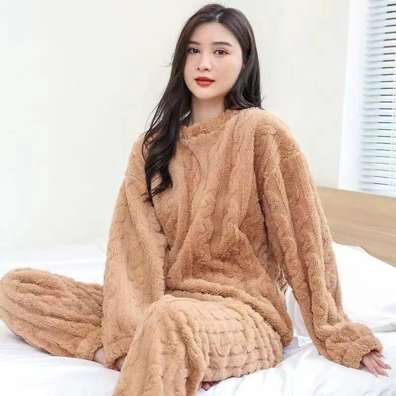 Thickened Warm Autumn and Winter Flannel Pajamas Women Long-Sleeved Solid Striped Homewear Black Plus Size School Loungewear