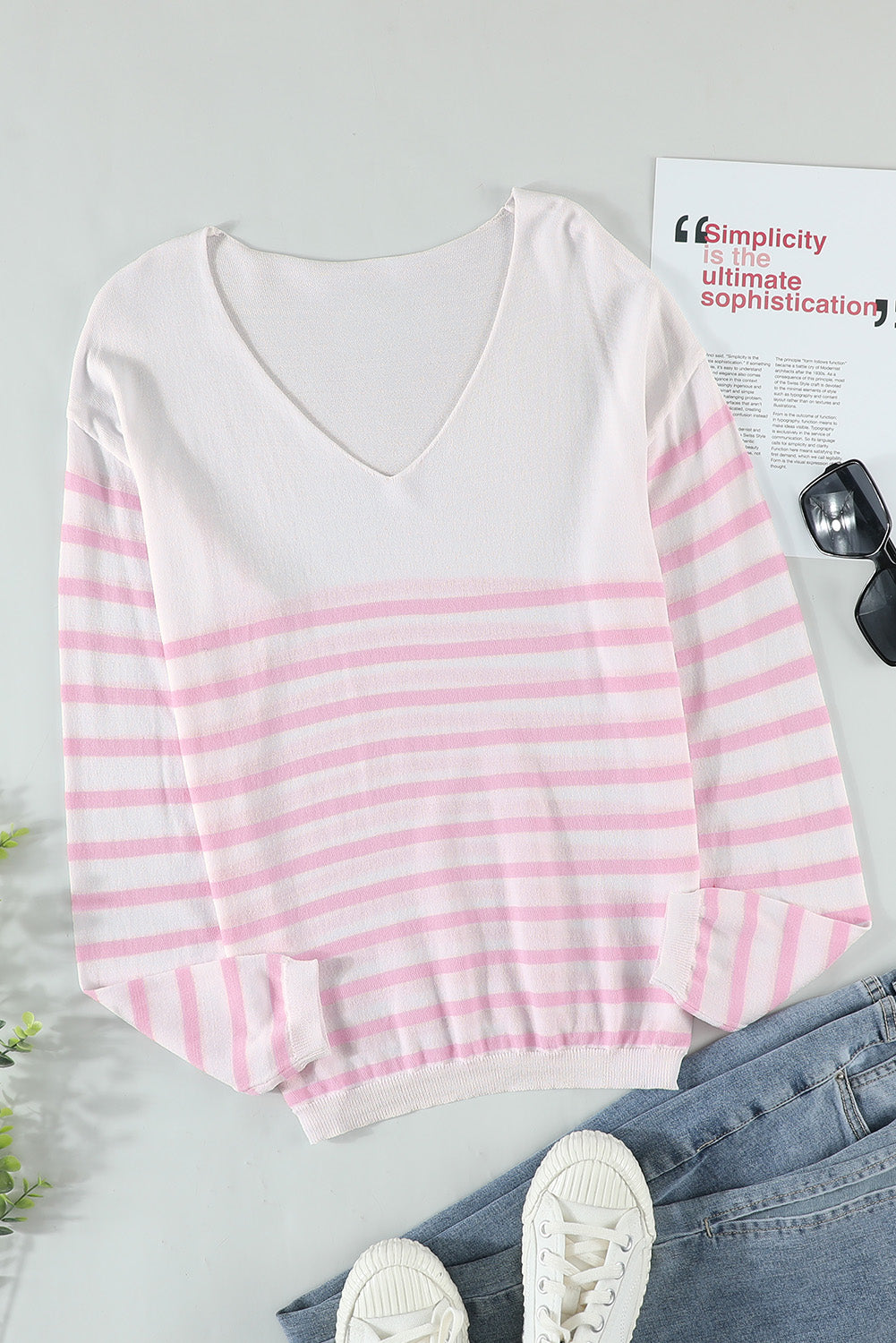 Pink Striped V Neck Long Sleeve Sweater