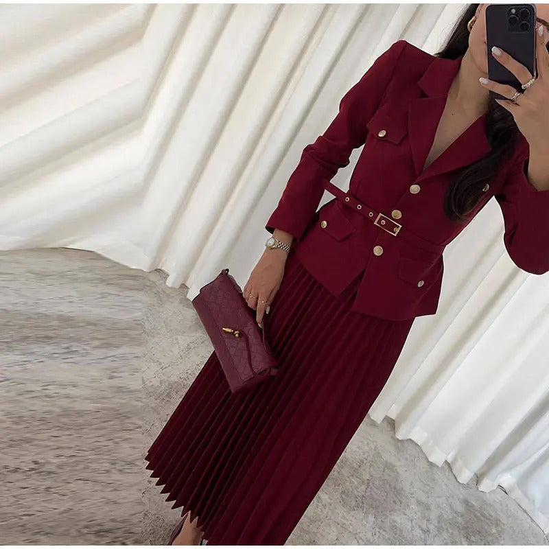 Elegant Women's Two Pieces Set Single-breasted Lapel Large Size Coat Belt Pleated Midi Skirt Suit 2025 Lady New In Matching Sets