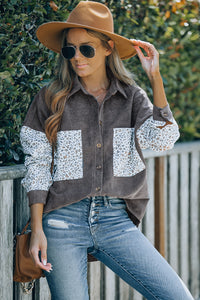 Gray Leopard Patchwork Corduroy Buttoned Shirt Jacket