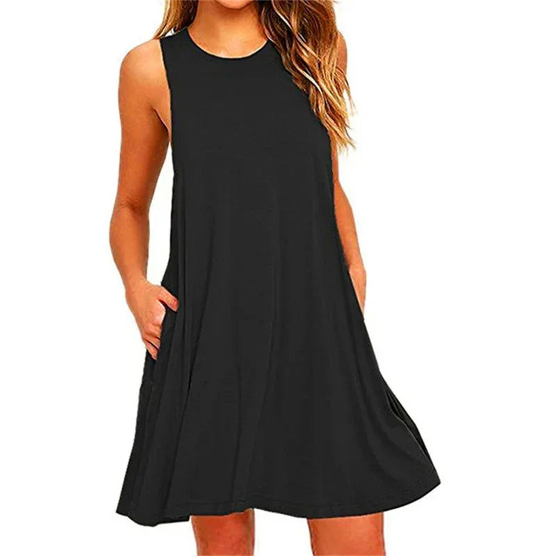 Women's Dress Summer Casual T Shirt Dresses Beach Cover up Plain Pleated Tank Pockets Dress