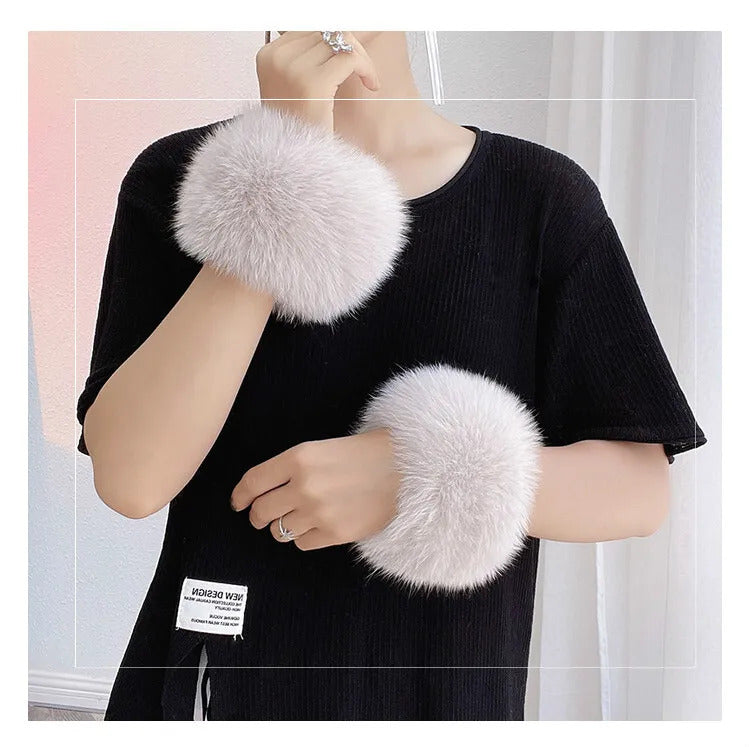 Natural Fox Fur Cuffs Wrist Arm Warmer Women Jacket Coat Sleeve Fur Triming Ladies Bracelet Real Fur Wristand Glove Snap Ring