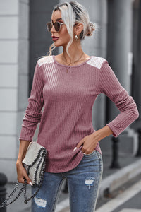 Pink Ribbed Knit Lace Patch Shoulder Casual Sweater