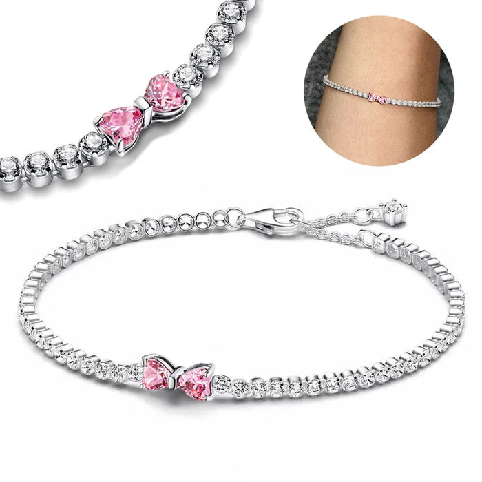 2024 New 925 Silver Pink Bow Full Diamond Bracelet Original 17-20CM Fit DIY Charm Women Birthday Jewelry Valentine's Day Gifts