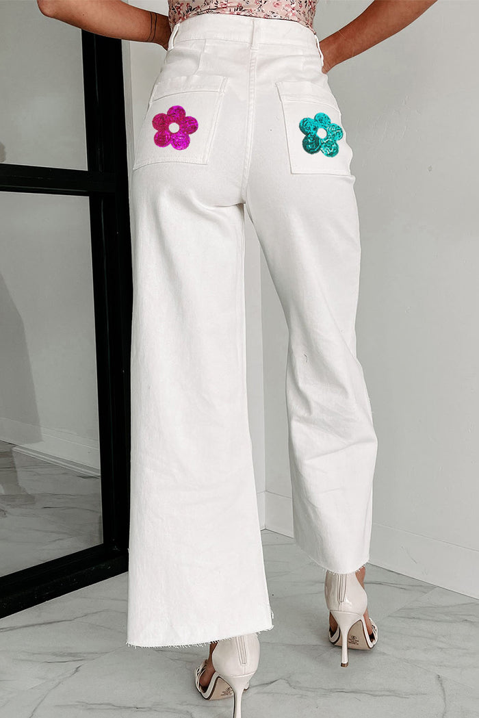 White High Rise Colorful Sequined Flower Flare Jeans