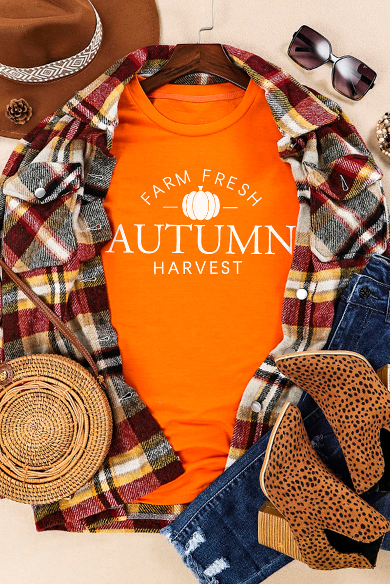 Orange FARM FRESH AUTUMN Harvest Pattern Crew Neck T Shirt