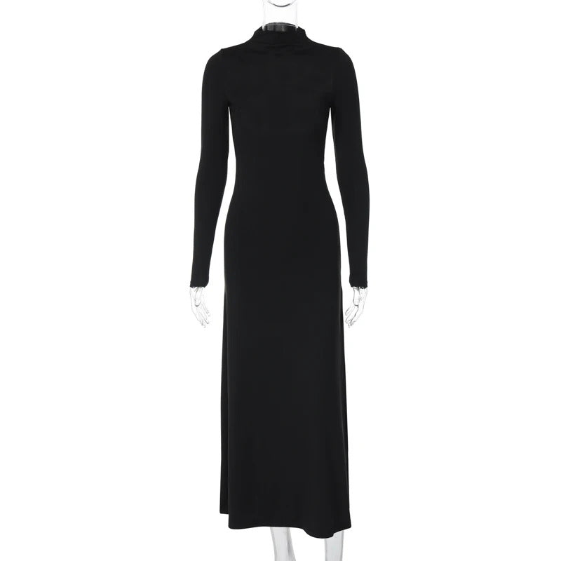 Women Black Solid Casual High Slit Long Sleeve Backless Maxi Dress Sexy Bodycon Half High Neck Streetwear Female Long Dresses