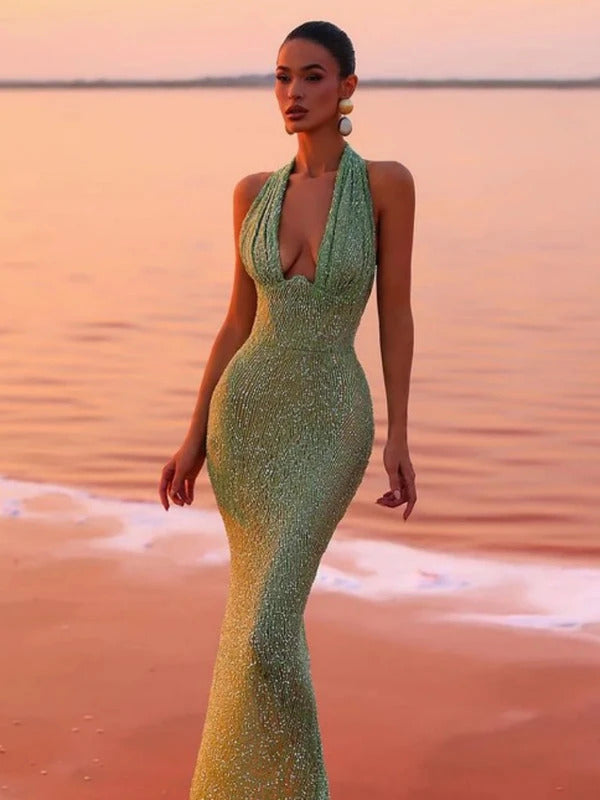 Sexy Halter Deep V Neck Sequins Maxi Dress Women Green Sleeveless Backless Sequined Slim Long Dresses Celebrity Party Gowns