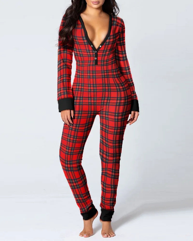 Sexy Pyjama Women's Jumpsuit Suit Button-down Front Back Butt Bum open Ass Flap Jumpsuit Loungewear Christmas Print Buttoned