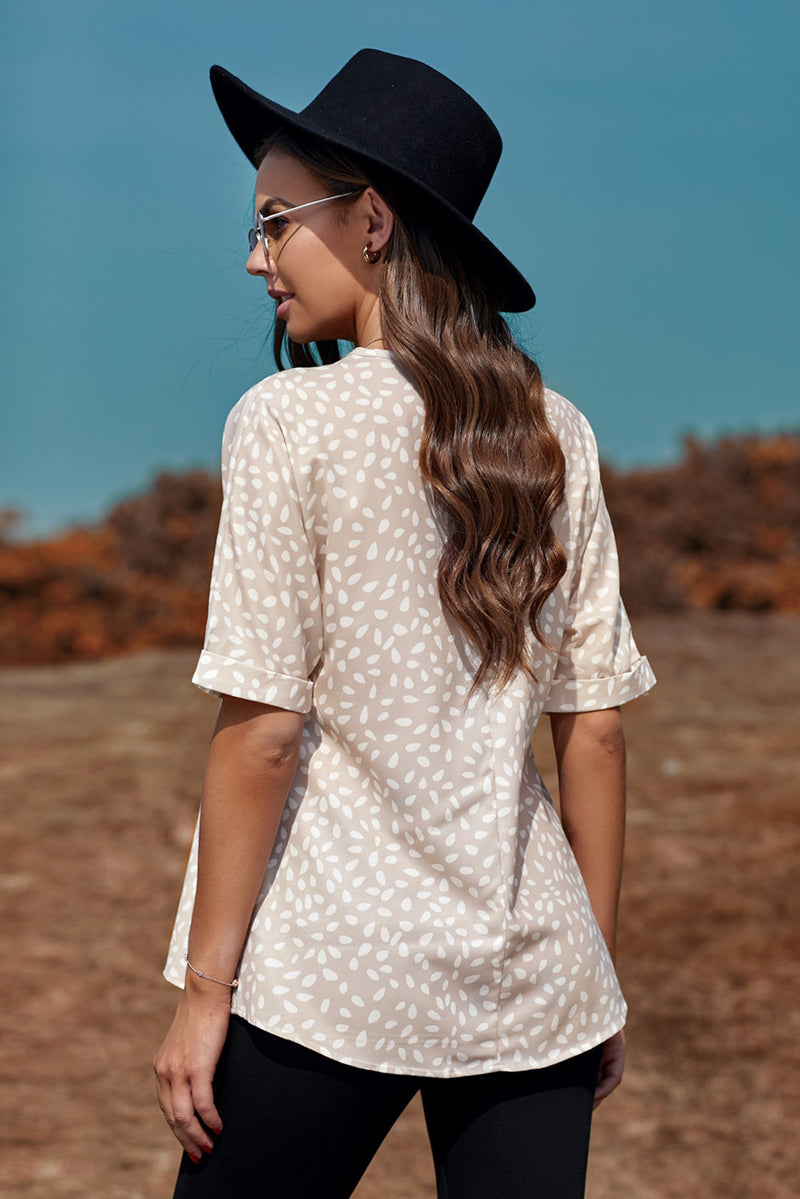 Apricot Animal Print V-neck Rolled Sleeve Tunic Top