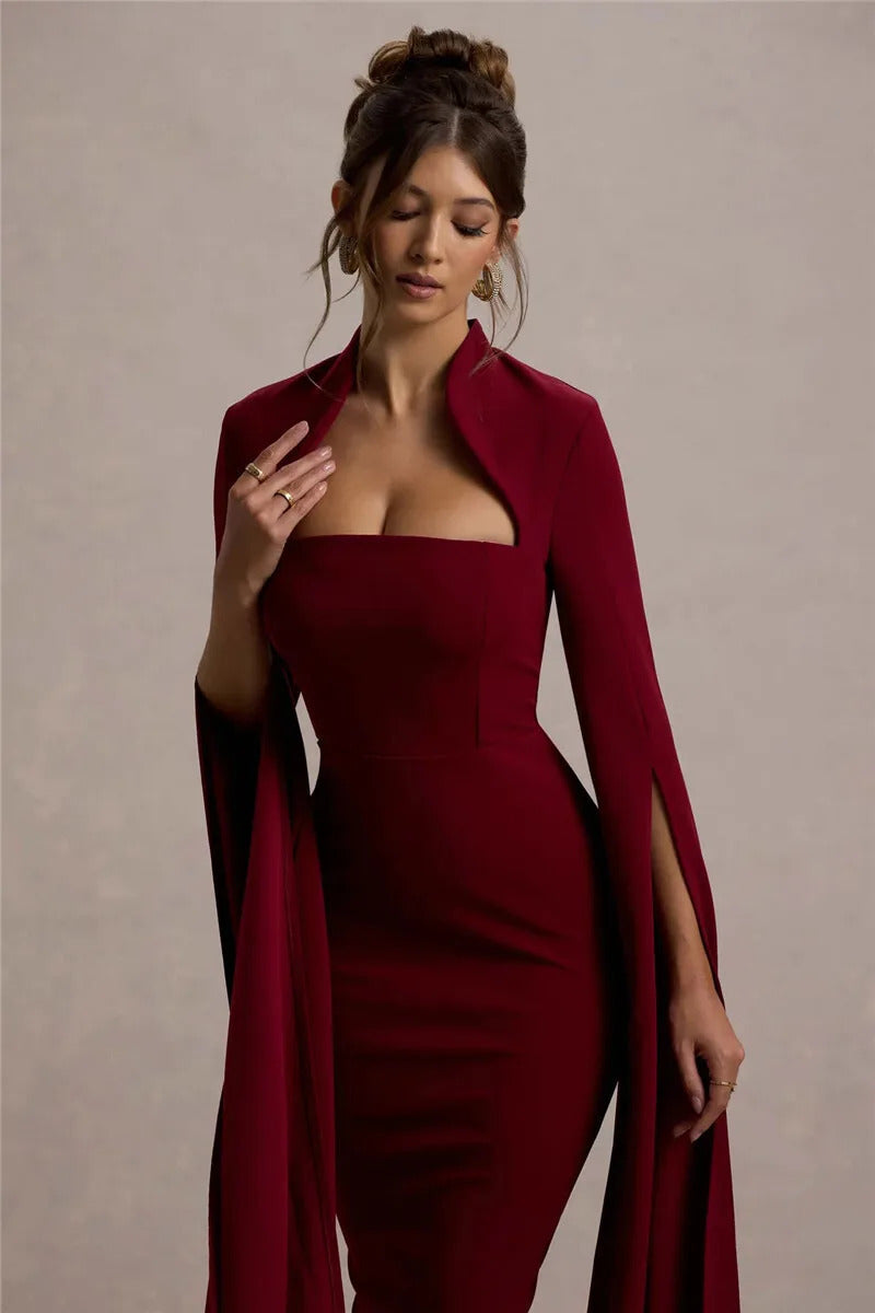 Mozision Cape Long Sleeve Sexy Midi Dress For Women Autumn Winter New Square Collar Back Slit Bodycon Club Party Long Dress