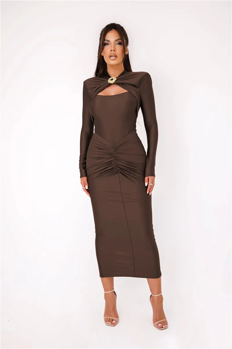 Mozision Hollow Out Long Sleeve Sexy Maxi Dress For Women Gown Autumn Winter New Metal Buckle Ruched Slit Long Dress Elegant