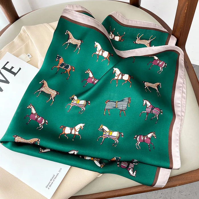 2023 Luxury Horse Print Female Silk Neck Scarf Square Hair Scarves Foulard Head Band Shawls Wraps Neckerchief Bandana Women