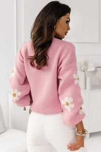 Pale Khaki Pink Floral Pattern Drop Shoulder Sweater