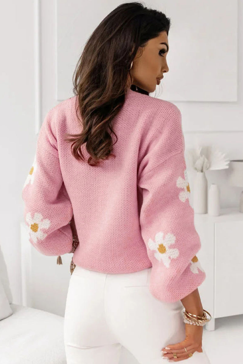 Pale Khaki Pink Floral Pattern Drop Shoulder Sweater