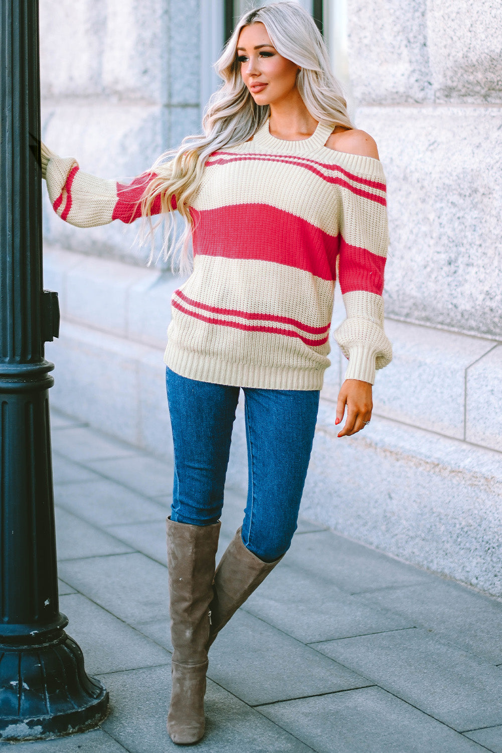 Pink Striped Cold Shoulder Knit Sweater