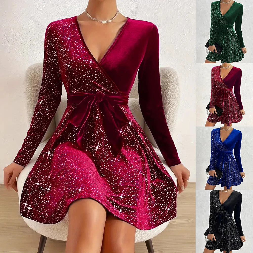 Women's Sexy V-Neck Sequin Glitter Belt Mini Dress Party Dresses Fashion Hot Sale Solid Elegant  Velvet Long Sleeve Dresses