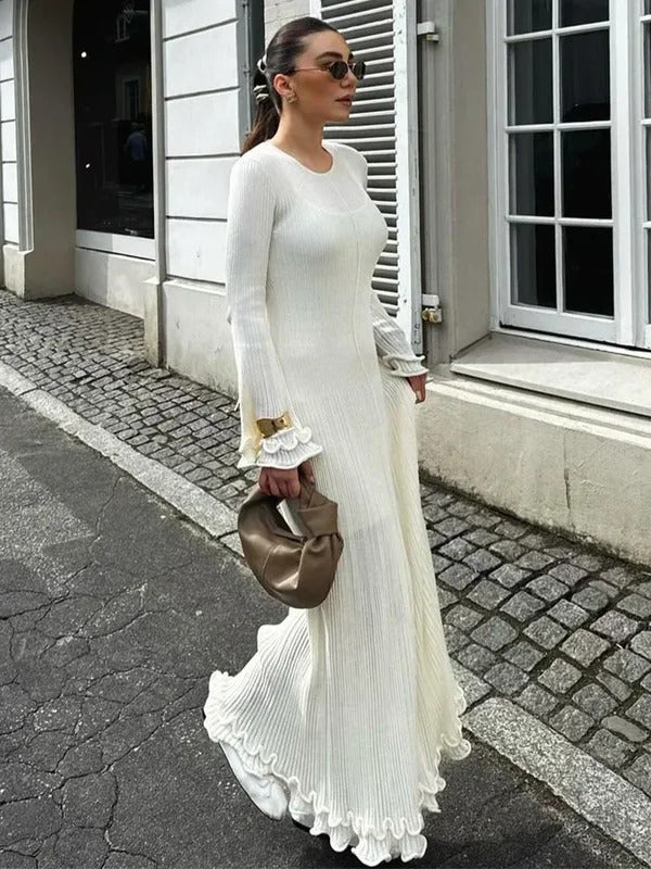 Elegant Solid Ruffles Knitted Dress For Women Loose O Neck Long Trumpet Sleeve Maxi Dresses 2024 New Female White Knitwear