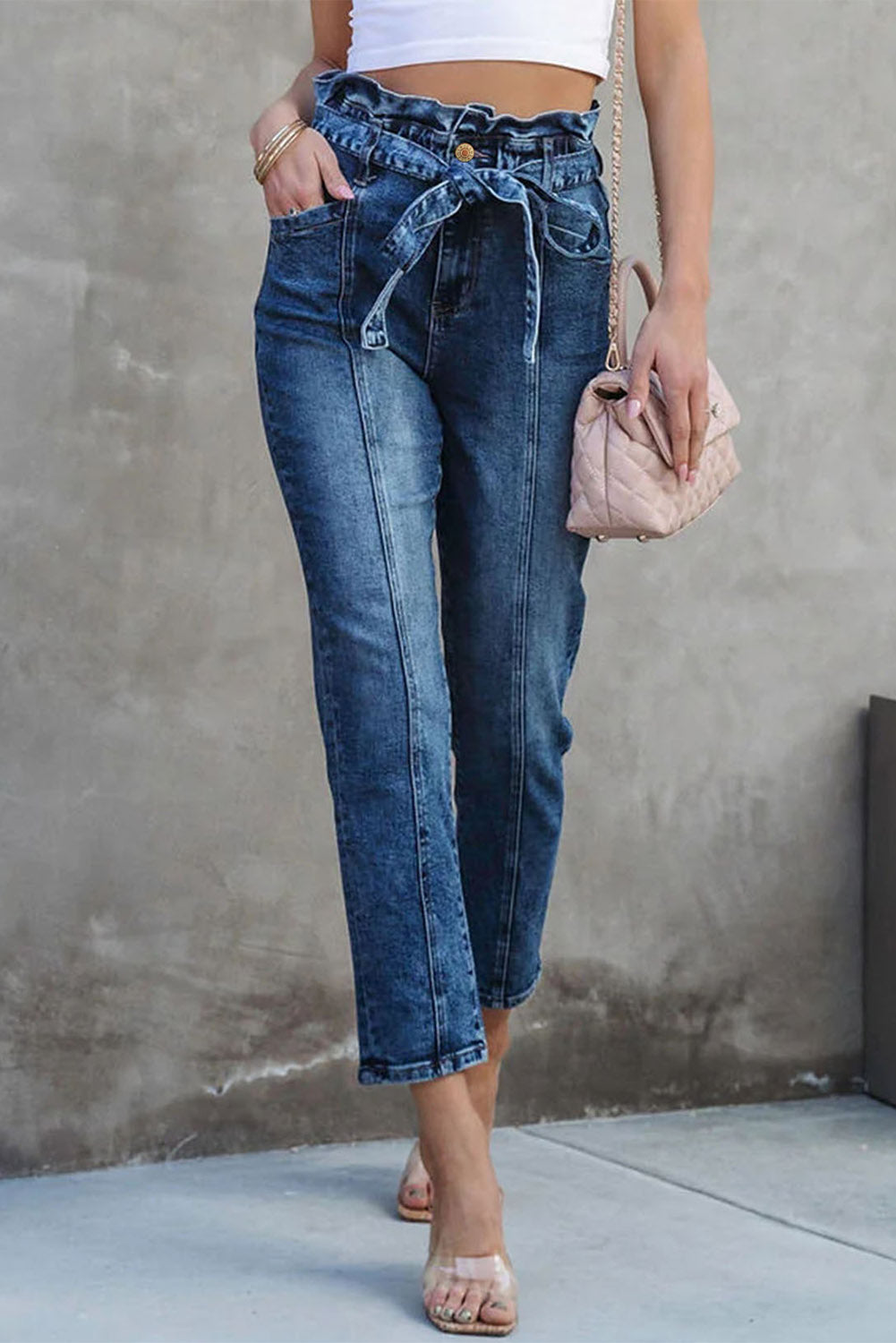 Blue Seamed Stitching High Waist Knot Skinny Jeans