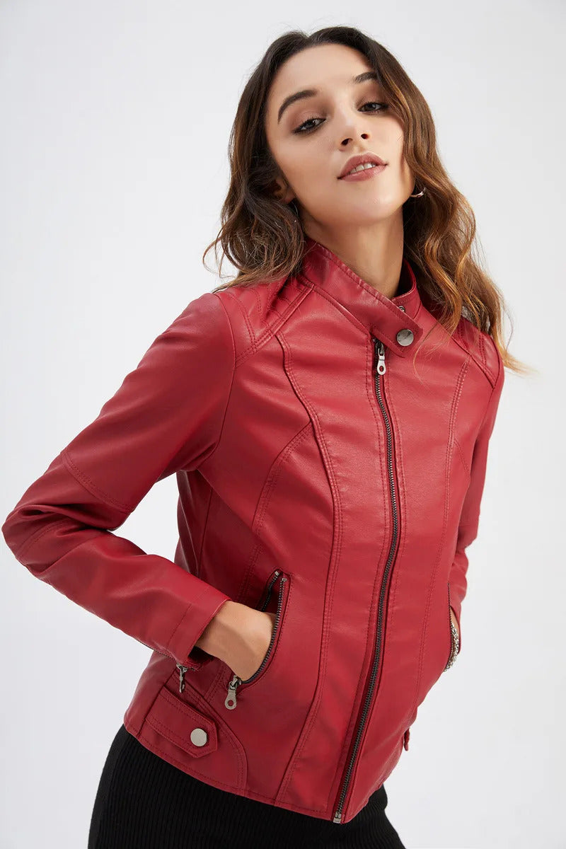 Spring / Autumn New Style Gules Leather Jacket Women's Fashionable Trim Motorcycle Women Coat Black Purple Brown S-4XL