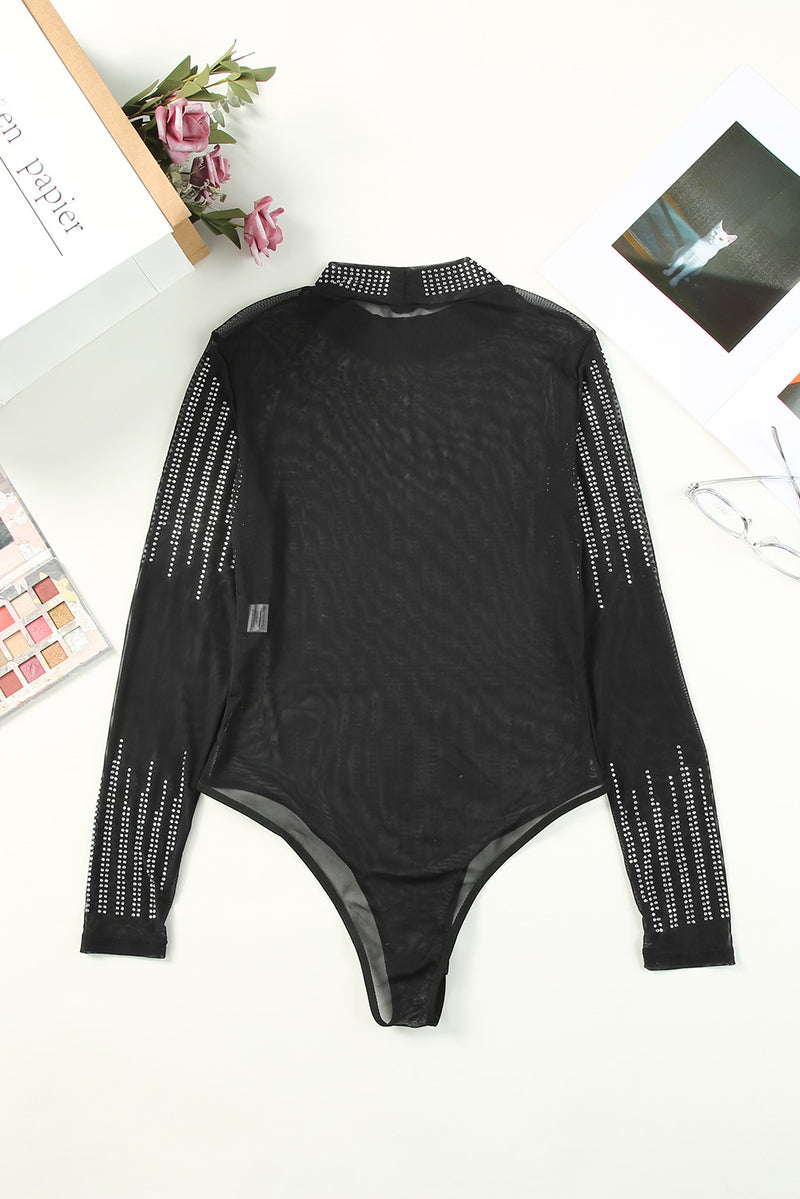 Black Rhinestone Sheer Mesh Long Sleeve Bodysuit