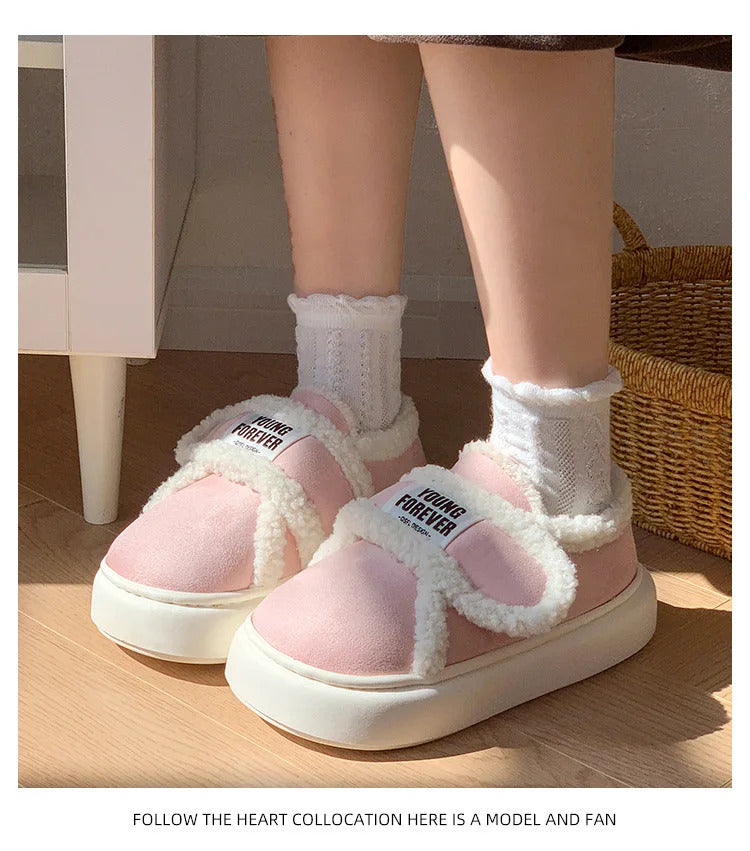 Warm Cotton Slippers Women Men Winter Platform Shoes Soft Plush Thick Sole Couples Indoor Home Floor Footwear With Heels