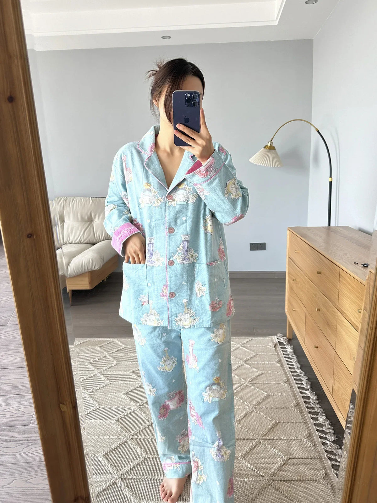 100% Cotton Pajamas for Women Loose Cartoon Long Sleeve Pants Loungewear Women 2 Piece Set Pj Women Outfit Sleepwear Set Pijamas