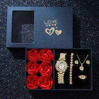 Fashion Luxury Women Gold Watch Bracelet Necklace 6Pcs Set Ladies Diamond Quartz Wristwatch Valentine's Day Mother's Day Gift