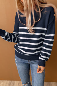 Blue Striped Turtleneck Long Sleeve Sweater with Buttons