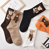 Spring Autumn Winter Cartoon Women'S Socks Cotton Mid-Tube Cute Bear Print Trend Short Socks Comfortable Breathable Sports Socks