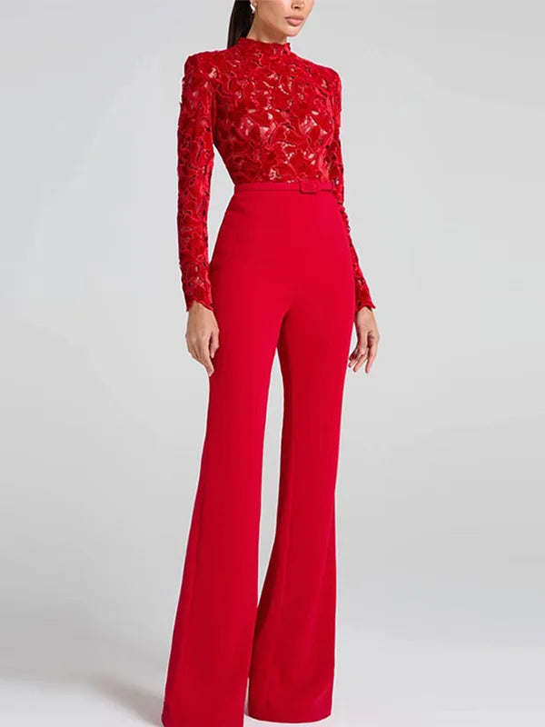 Embroidery Lace Red Jumpsuits Women Sexy Slim Long-sleeved Belt High Waist Jumpsuit Female 2024 INS Casual Lady Party Rompers