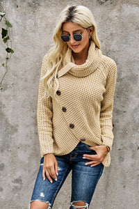 Mustard Buttoned Wrap Turtleneck Sweater