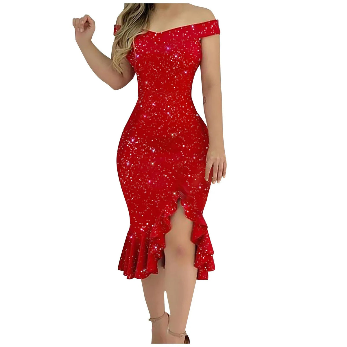 Women's Dress Sexy Summer Off Shoulder Short Sleeve Sequin Ruffle Irregular Dresses Chiffon Dress