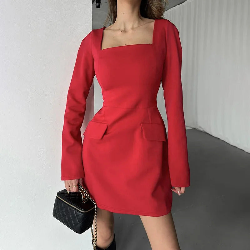 Tossy Bandage Fashion Square Collar MIni Dress For Women Slim High Waist Patchwork Elegant Bodycon Dress Female Autumn Dress New