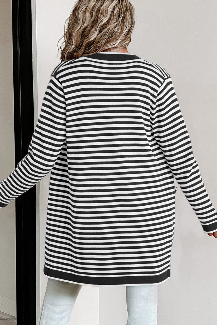 Black Stripe Long Sleeve Button up Tunic Cardigan