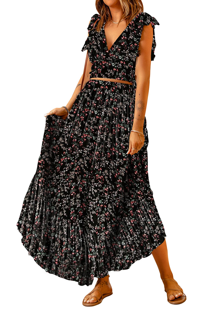 Women's Floral Ruffled Crop Top and Maxi Skirt Set for Fashionable and Fresh Style