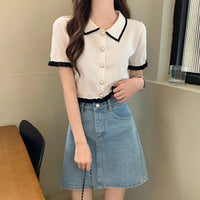 Sweet Women Shirt Korean Knitted Turn Down Collar Chic Short Sleeve Female Blouse Summer Retro Slim All Match Ladies Crop Tops