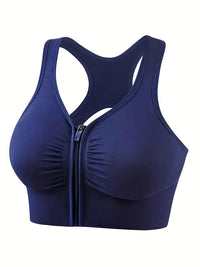 1 Piece Plus Size Sports Bra, Women's Plus Zipper Front Cut Out Racer Back Shockproof Fitness Bra