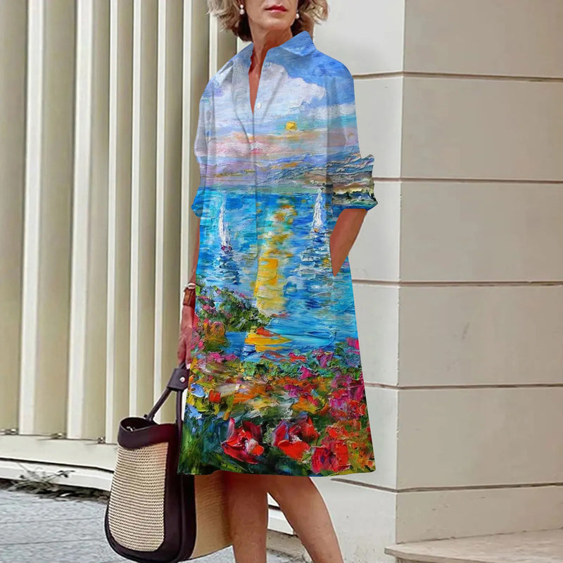 Floral Pattern Shirt Dress Elegant Women's Summer Casual Lapel Long Sleeve Midi Dress High Temperament Fashion Street Shirt