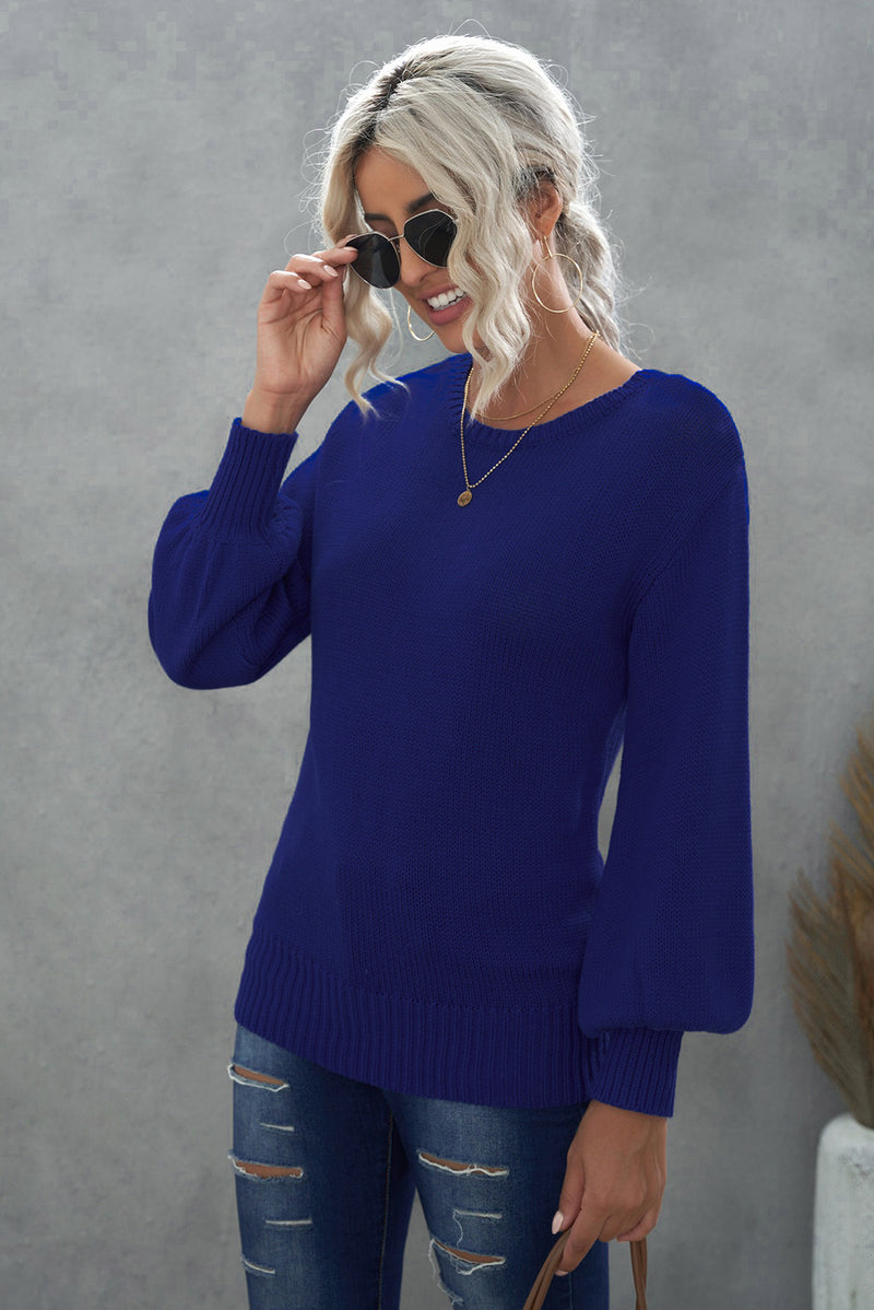 Blue Drop Shoulder Back Cut-out Sweater with Tie