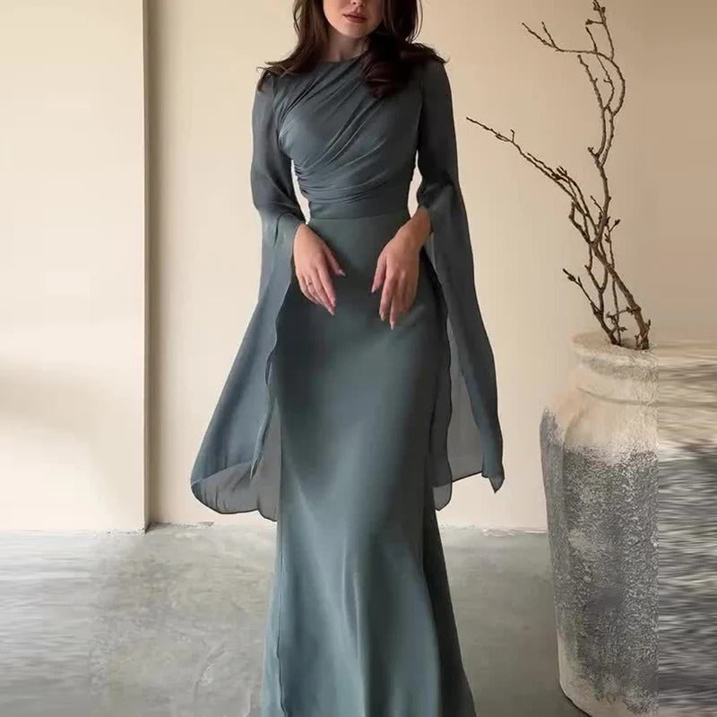 Fashion Satin Solid Robe Dress Ladies Temperament O-neck Slim Evening Dress Elegant Batwing Sleeves High Waist Pleats Long Dress