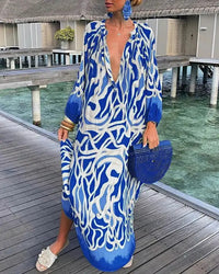 Elegant Women's Dresses 2023 Summer Casual Fashion Print V-Neck Loose Retro Comfortable Maxi Dress Female Robe S-XXXL