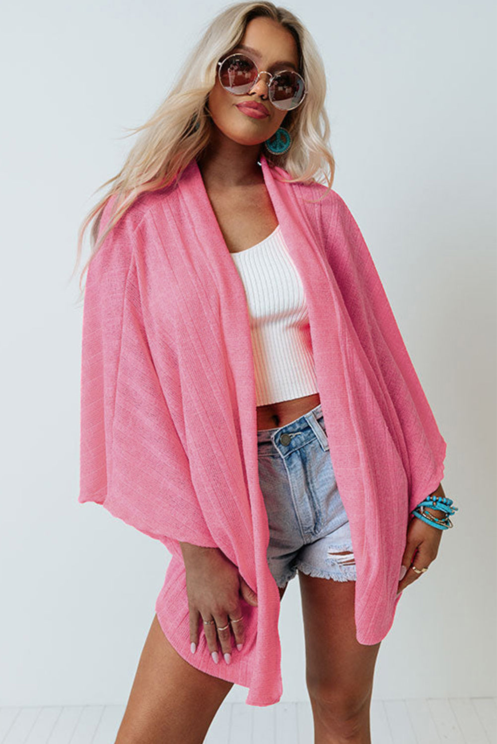 Pink Open Front Kimono Sleeves Knit Cardigan