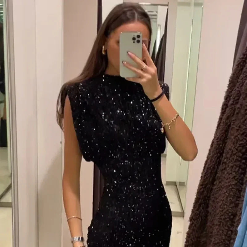 2024 New Fashion Sequin Mini Dress for Women Elegant O-Neck Fly Sleeve Shiny Short Dress Female Chic Club Evening Party Vestidos