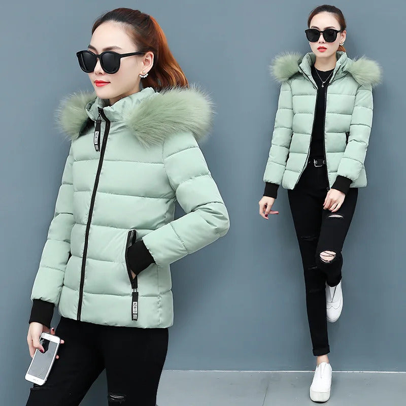 Zipper Fur Hooded Short Down Cotton Jacket Thickened Coat Fall Winter Casual Elegant Long Sleeve Warm Pockets Women Clothing New