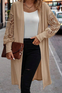 Parchment Lace Patchwork Ribbed Knit Open Front Duster Cardigan