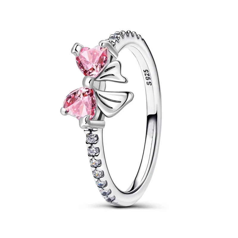 Christmas New 925 Silver Ring Pink Heart Zircon Shining Bow Ring Original   Ring DIY Women Fine Jewelry Christmas Gifts for girl