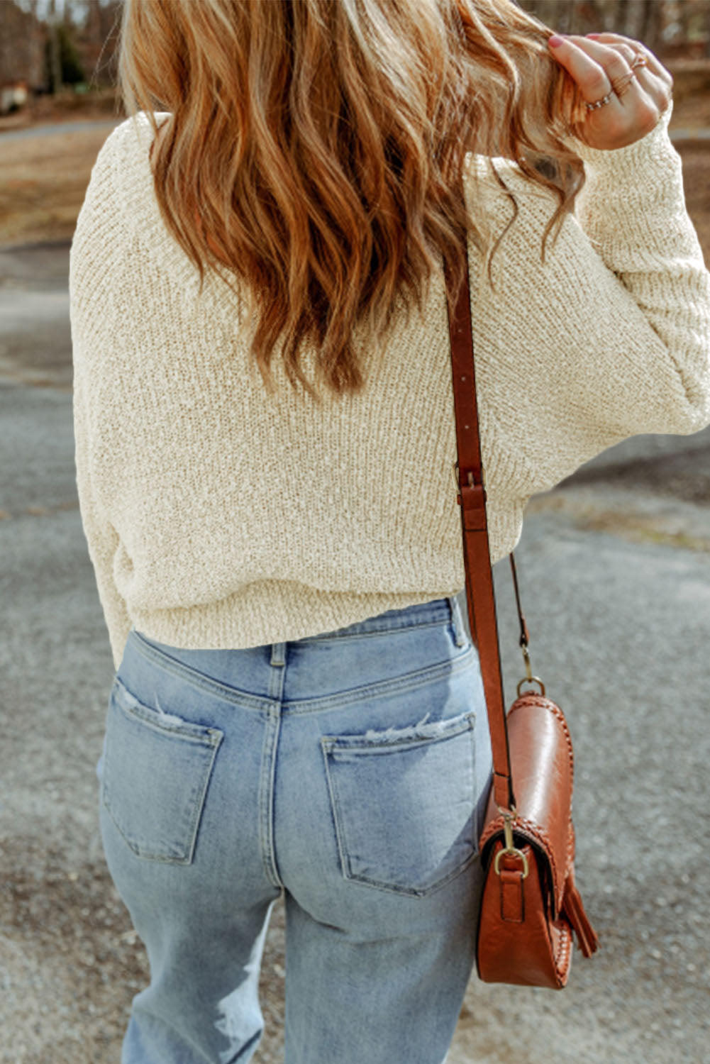 White Cropped V Neck Fuzzy Sweater