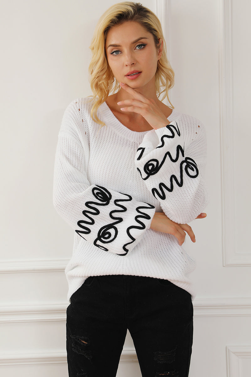 White Abstract Crochet Bubble Sleeve Loose Sweater