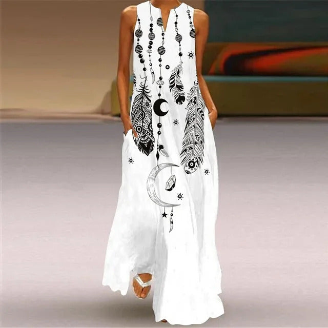 Women's summer Boho vintage maxi dress Women's pocket loose casual print A-line dresses